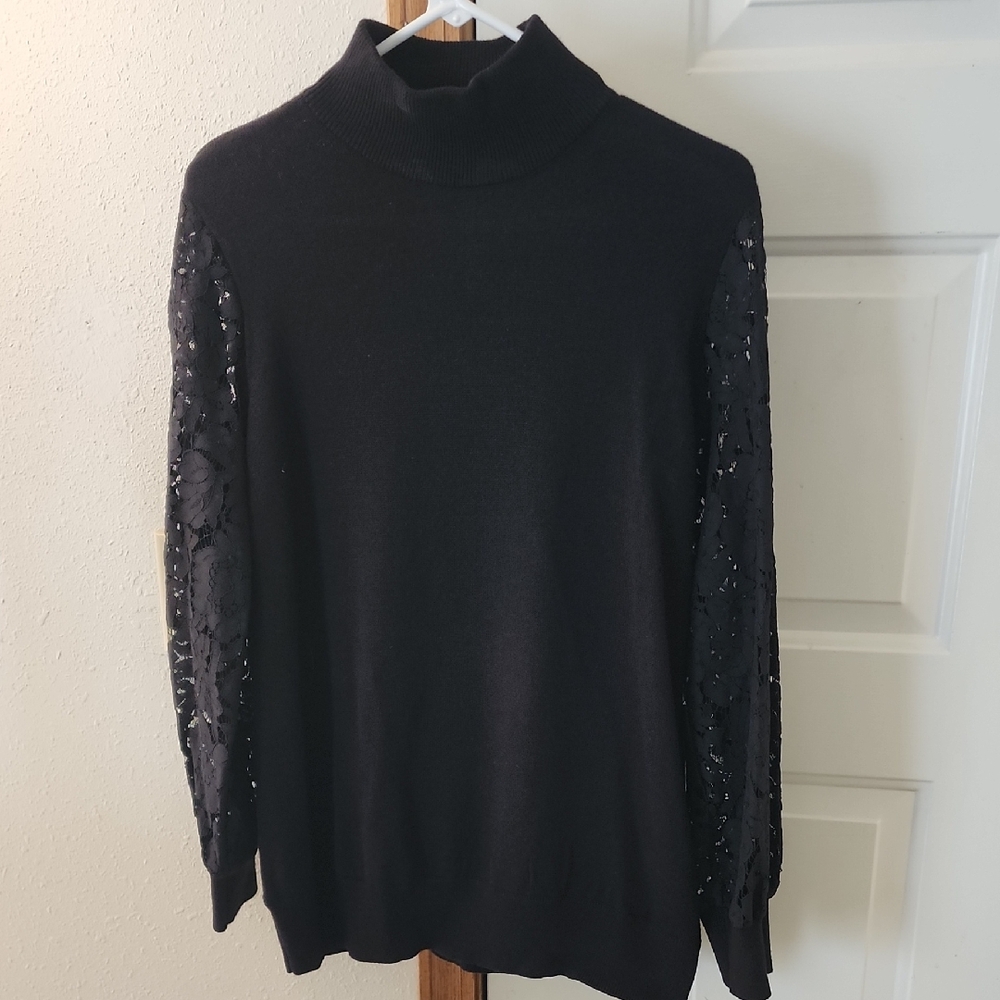 Worthington Black Knit Sweater with Lace Sleeves